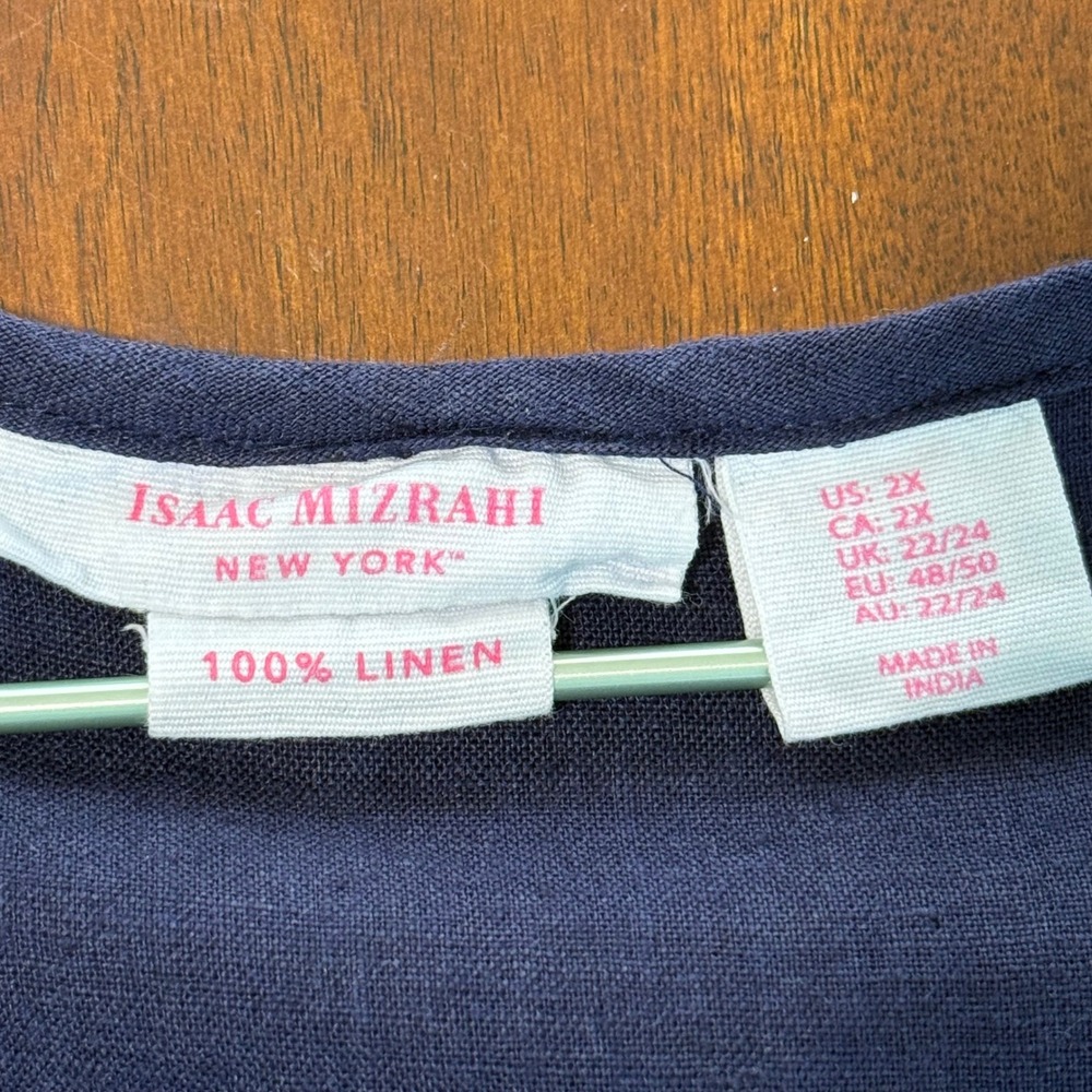 Isaac Mizrahi Womens Top 2X Navy Blue 100% Linen Short Sleeve Coastal Minimalist - Picture 4 of 7